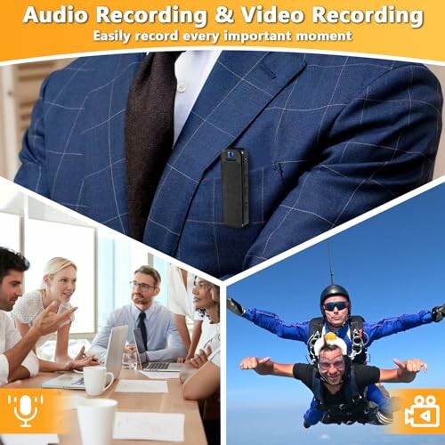 Collage showing a recording device, a business meeting, and skydiving.