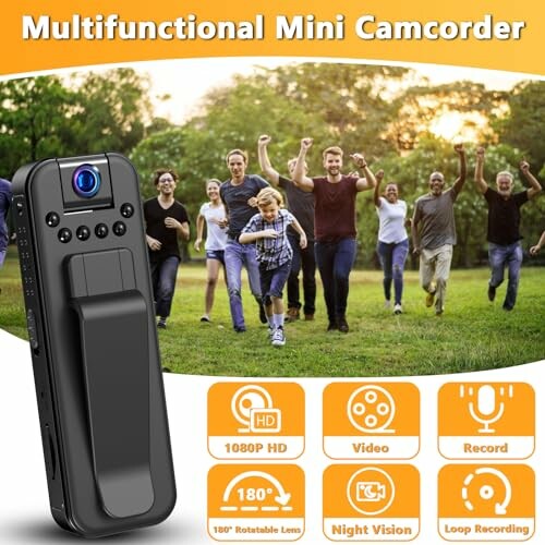 Group of people running on grass with multifunctional mini camcorder features displayed.