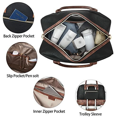 Open travel bag showing compartments and accessories inside.