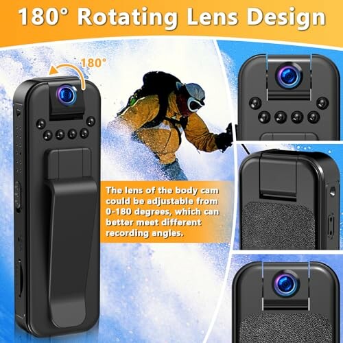 Camera with 180-degree rotating lens design and skier in background.